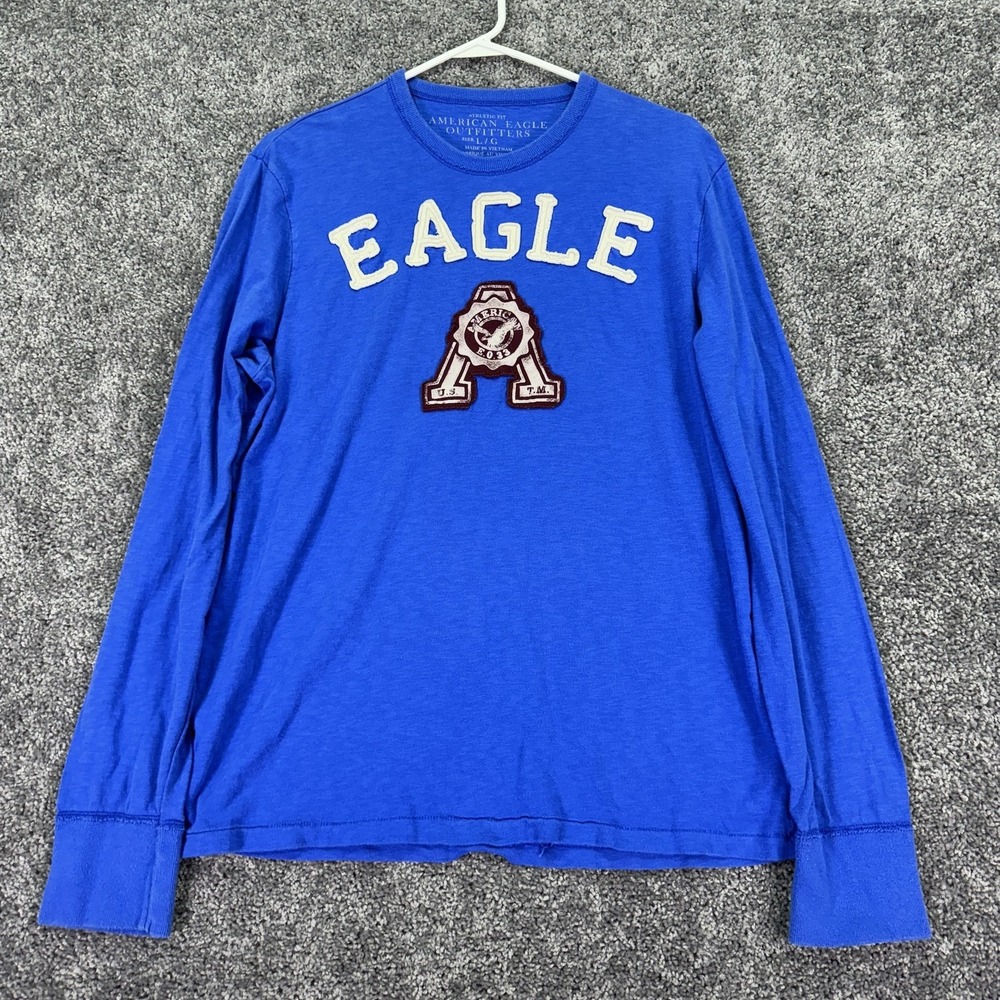 American Eagle Shirt Mens Large Blue Long Sleeve Eagle Patch Logo Athletic